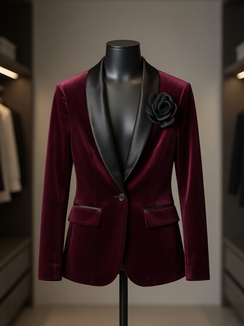 Women's Burgundy Velvet Single-Button Blazer with Black Satin Lapel - Picture 7 of 7
